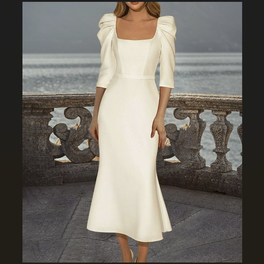 Light in the Box Vintage White Ivory Midi Tea Length Dress Puff Sleeve Size 4